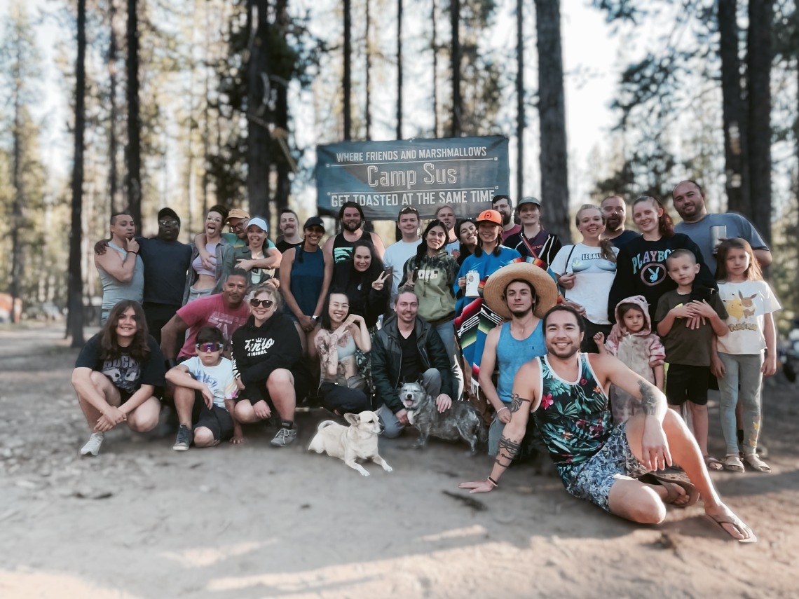 Campers in front of Camp Flag